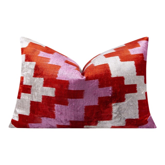 Handmade Velvet Throw Pillow - 16x24 Inches, Naturally Vegetable-Dyed, Premium Down Feather Insert - Red, Pink, and Beige Abstract Geometric Design For Sale