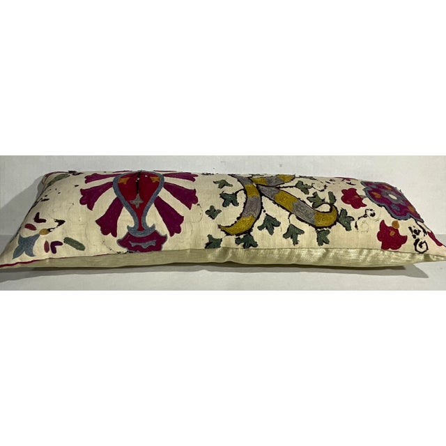 Single Long Antique Silk Embroidery Suzani Pillow For Sale - Image 12 of 12