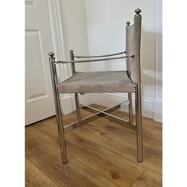 Campaign Vintage Maison Jansen Style, Campaign Pace Director Arm Chair, Suede Leather Chrome and Brass For Sale - Image 3 of 11