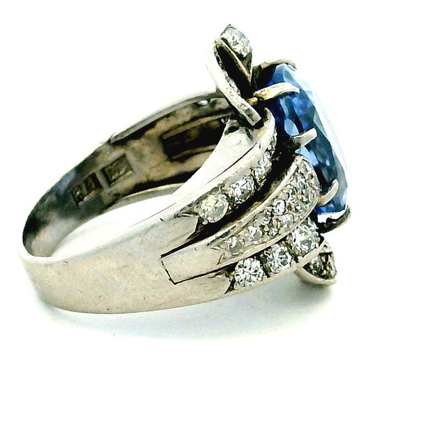 1980s 1980s Paul Matthews Victorian Revival Platinum Ring With Gia Certified 6.67ct Ceylon Sapphire & Diamonds, Size 6.5 For Sale - Image 5 of 17