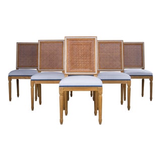 French Louis XVI Style Square Cane Back Beech Dining Chairs W/ Striped White and Blue Fabric - Set of 6 For Sale