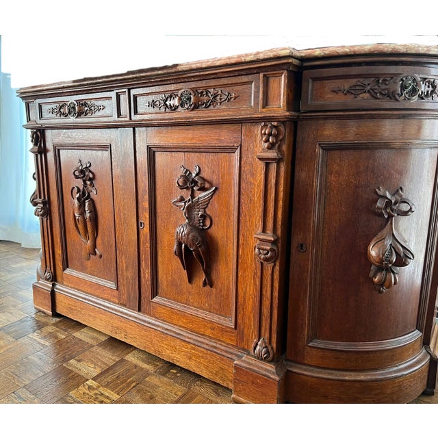 Victorian Early 20th Century Victorian Carved Oak Sideboard Buffet Cabinet With Marble Top For Sale - Image 3 of 10