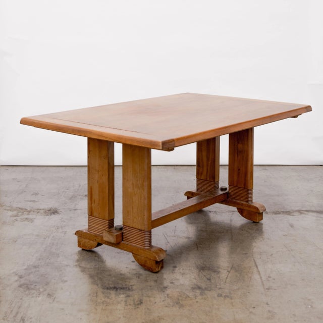 Brutalist walnut dining table with H-stretcher base, extendable at both ends (no leaves), designed by Charles Dudouyt,...