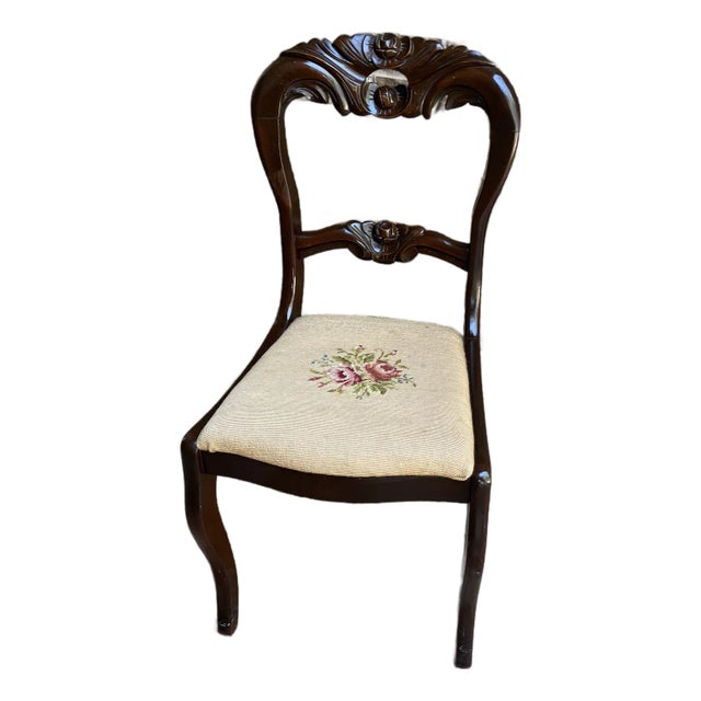 Curved Balloon Back Antique Victorian Chair With Needlepoint Cushion by Charlotte Chair Company For Sale
