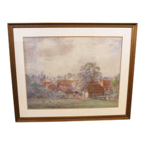 Circa 1914 English Village Scene Watercolor by Max Ludby