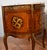1930s Pair French Louis XV Walnut Satinwood Inlay & Marble Top Nightstands / Small Commodes For Sale - Image 11 of 18