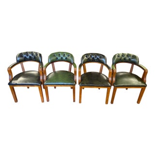 English Armchairs in Green Leather, Set of 4 For Sale