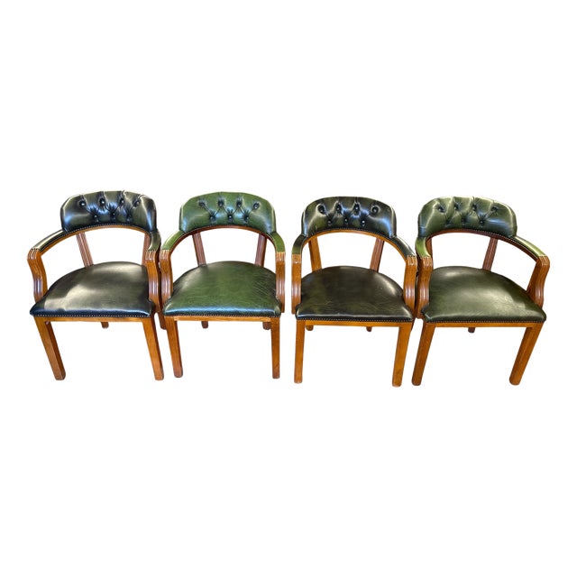English Armchairs in Green Leather, Set of 4 For Sale