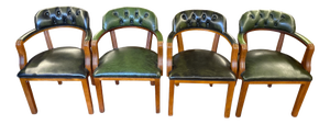 English Armchairs in Green Leather, Set of 4