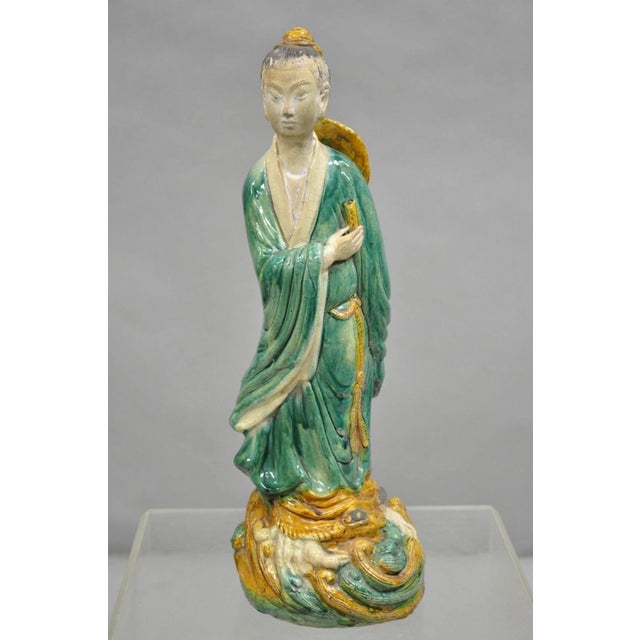 Late 19th Century Antique Chinese Green Sancai Glazed Pottery 21" Guanyin Sculpture Figure For Sale - Image 12 of 12