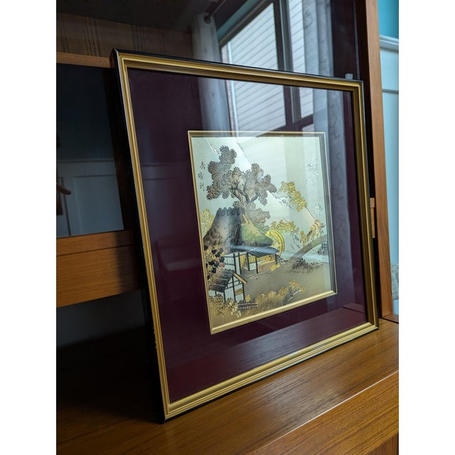 Burgundy Vintage Japanese Mixed-Media Chokin Metal Relief Art Plaque Frame Signed Hideaki For Sale - Image 8 of 10