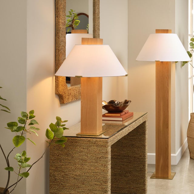 Craftsman Table Lamp, Natural Oak Veneer A substantial presence capable of anchoring a room, this artisan-hewn table lamp...