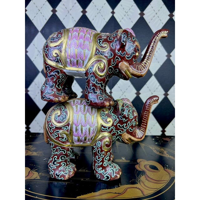 Metal 1980's Pair Decorative Ceramic Elephant Figurines in Burgundy, Pink & Gold Chinoiserie, Export Marks For Sale - Image 7 of 16