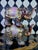 Metal 1980's Pair Decorative Ceramic Elephant Figurines in Burgundy, Pink & Gold Chinoiserie, Export Marks For Sale - Image 7 of 16