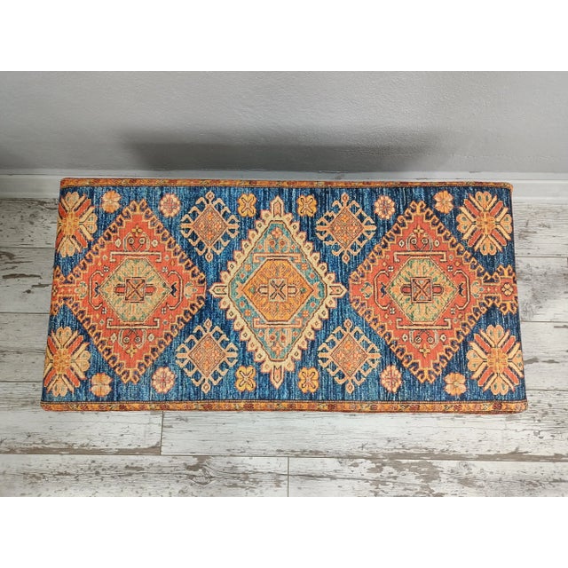 2020s Turkish Rug Printed Fabric Upholstered Bench For Sale - Image 5 of 9