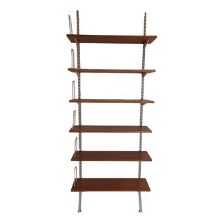 Mid-Century Minimalist Bookcase with Adjustable Shelves in Yellow-Brown Wood and Book Supports for White Painted Iron Frame from Sparrings For Sale