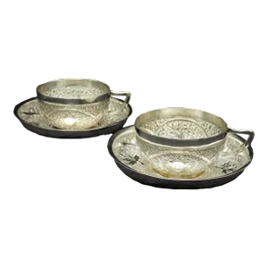 1920s Japanese 950 Sterling Silver Maple Leaf & Rising Sun Tea Cups & Saucers- 4 Pieces