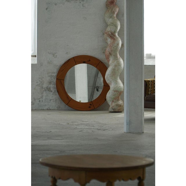Large Round Wall Mirror in Pine attributed to Glasmäster Markaryd, Sweden, 1960s For Sale - Image 14 of 16