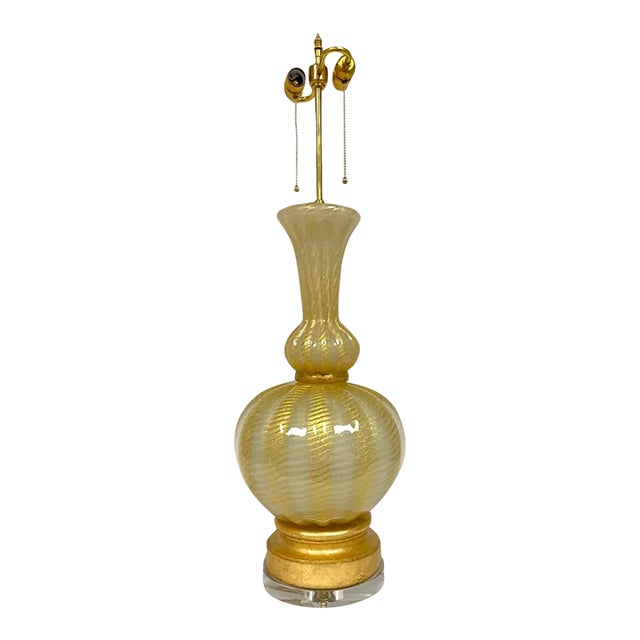 Mid Century Murano Glass Lamp With Gold Flecks, Monumental Italian Blown Glass For Sale