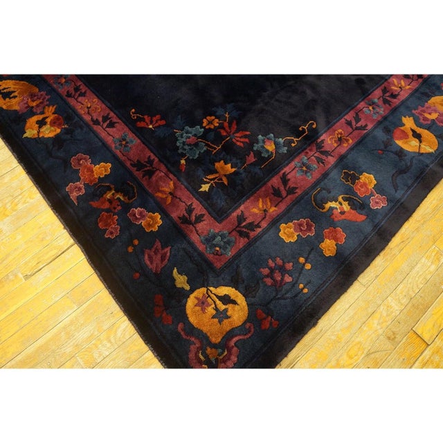Black 1920s Classic Antique Chinese Peking Indigo Blue Medallion Rug (8'9" X 11'1") For Sale - Image 8 of 11