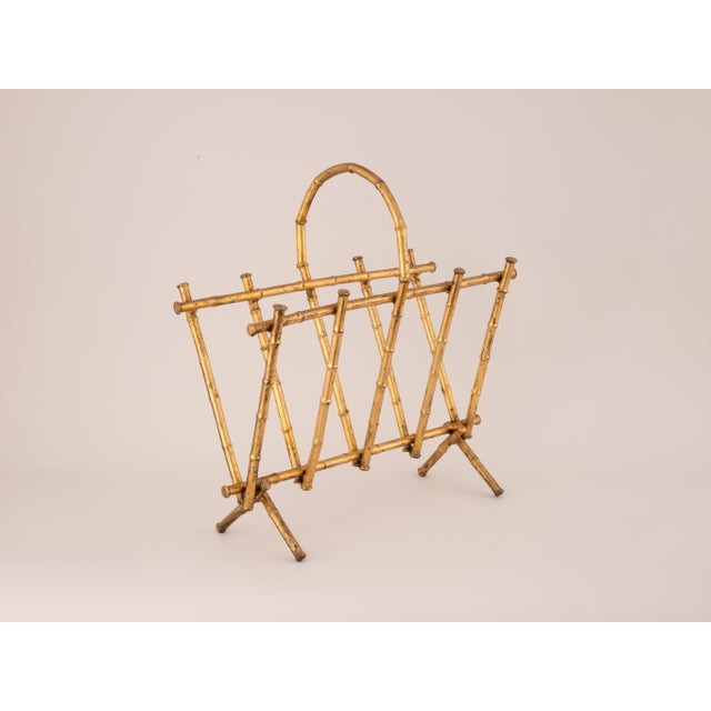 Ornamental & Decorative Materials Mid 20th Century Faux Bamboo Gold Iron Magazine Rack For Sale - Image 7 of 7