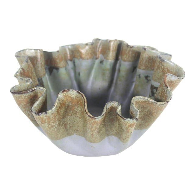 Sculptural Signed Studio Pottery Footed Bowl Organic Ruffled Edge Vintage For Sale