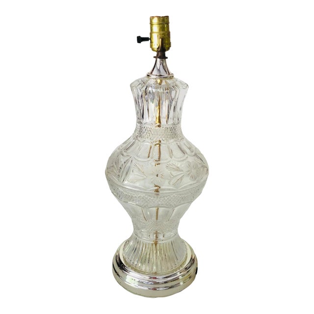 Vintage Floral Etched Press Glass Table Lamp For Sale