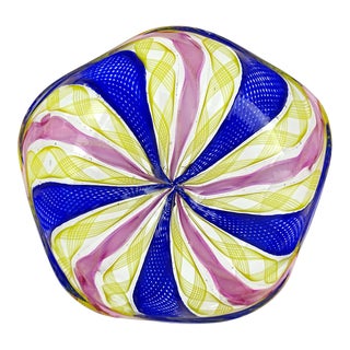Murano Vintage Cobalt Blue Pink Yellow Zafirico Ribbons Italian Art Glass Trinket Jewelry Ring Dish For Sale