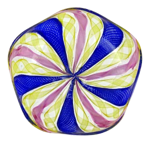 Murano Vintage Cobalt Blue Pink Yellow Zafirico Ribbons Italian Art Glass Trinket Jewelry Ring Dish