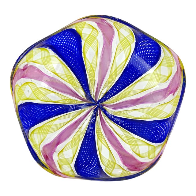 Vintage Murano Cobalt Blue Pink Yellow Zafirico Ribbons Italian Art Glass Trinket Jewelry Ring Dish For Sale