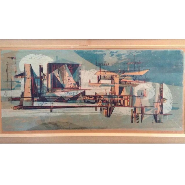 Brown Mid Century Modern Aerial City Serigraph on Board Dated 1958 For Sale - Image 8 of 9