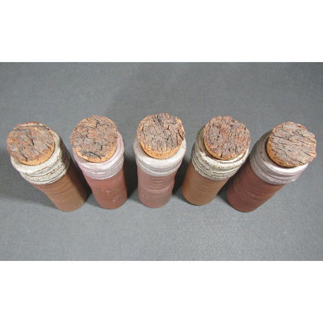 1980s Studio Pottery Stoneware Cork Jars / Bud Vases — Double Triangle Mark- Set of 5 For Sale In Austin - Image 6 of 8
