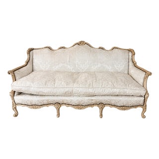 Louis XV Style Carved Upholstered Damask Sofa Beige/Cream + Solid Wood Frame For Sale