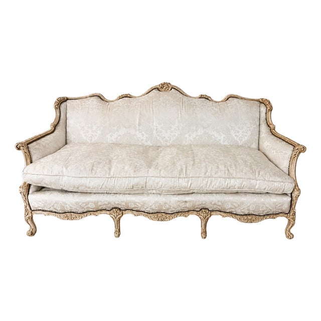 Louis XV Style Carved Upholstered Damask Sofa Beige/Cream + Solid Wood Frame For Sale
