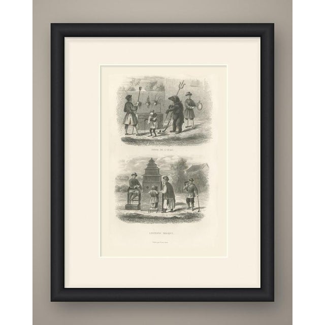 An original antique steel engraving, uncolored, with two chinese street entertainments, captioned "danse de l'ours" and...