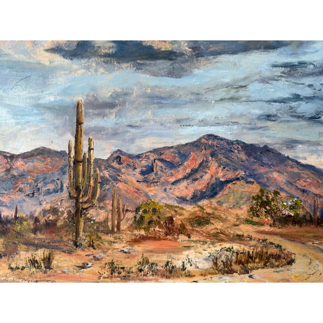 1970’s Carolyn Kiser “Tucson, Arizona” Impressionist Desert Landscape Oil on Canvas Painting – Wood Framed For Sale - Image 10 of 12