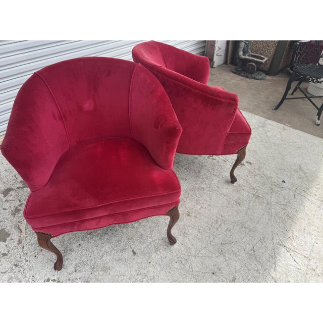 Pair of Red Velvet Vintage Tub Chairs For Sale - Image 10 of 12