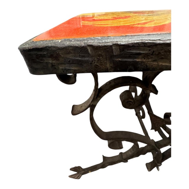 Vintage Heraldic Enamel Tile & Wrought Iron Accent Table For Sale In Los Angeles - Image 6 of 6