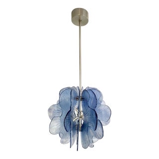 Modern Italian Wavy Blue Textured Murano Glass Satin Nickel Pendant/Chandelier For Sale