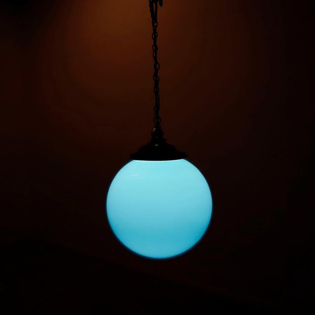 Art Deco 1930s Big Size Art Deco Blue Milk Glass Pendant Light For Sale - Image 3 of 5