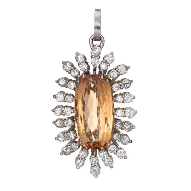 Modern Mid 20th Century Natural Imperial Topaz Diamond Pendant 14 Karat Gold Vintage Large Oval For Sale - Image 3 of 4