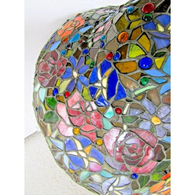 Vintage Tiffany Style Stained Glass Roses Poppies Cabochons Bell Lampshade For Sale - Image 15 of 18