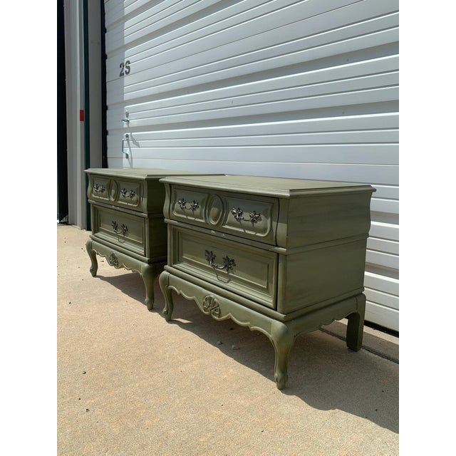 French Provincial French Provincial Nightstands Set Vintage Shabby Chic Storage Tables For Sale - Image 3 of 10