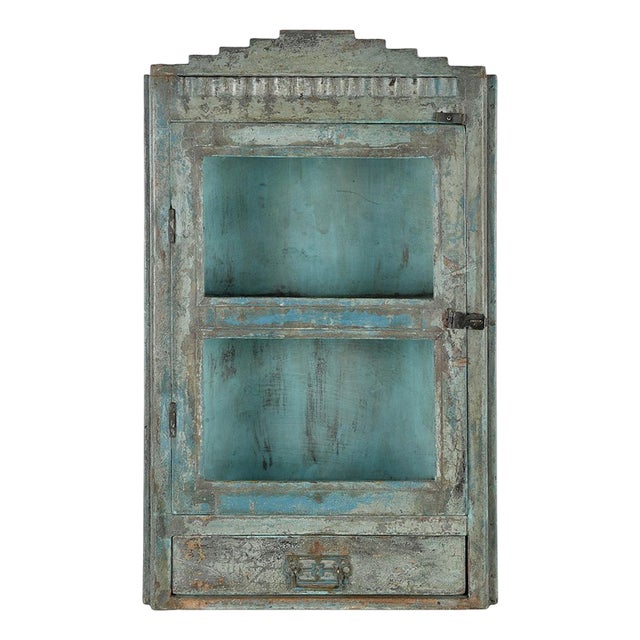 Weathered Wooden Wall Display Case with Drawer For Sale