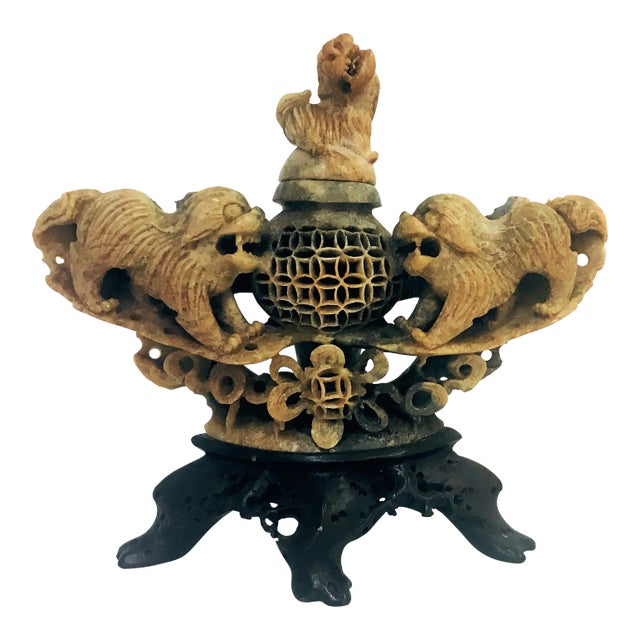 Vintage Carved Chinese Soapstone Incense Burner With Three Foo Dogs For Sale