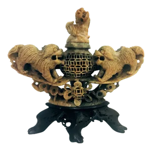 Vintage Carved Chinese Soapstone Incense Burner With Three Foo Dogs