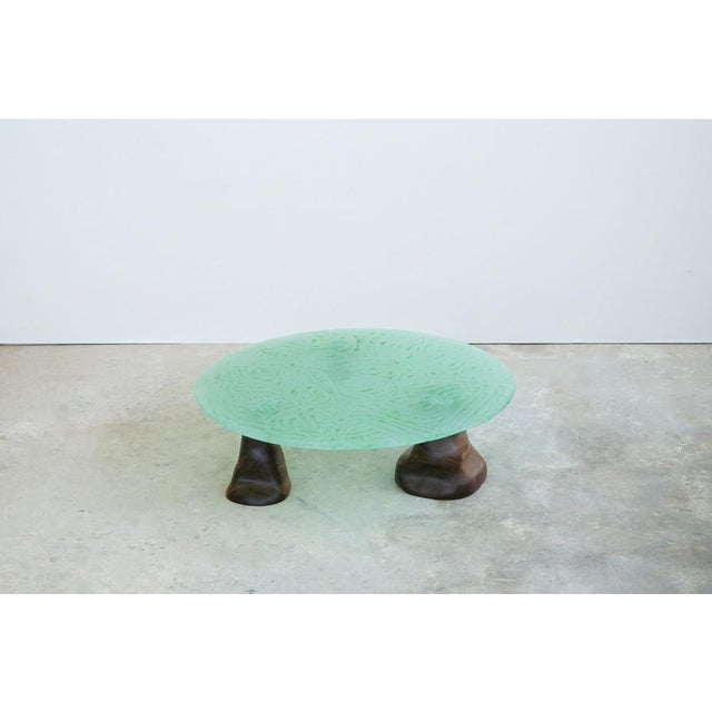 Green Glass Powder & Walnut Coffee Table by Alexander Knysch Dimensions: Ø 105 x H 35 cm Materials: Glass, Glass Powder &...