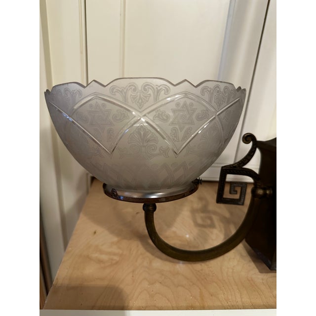 Vintage Two Arm Brass Fixture With Vintage Etched Glass Gas Shades For Sale - Image 9 of 12