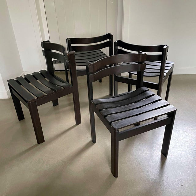 Modern Dark Brown Wooden Slat Chairs, 1970s, Set of 4 For Sale - Image 3 of 11