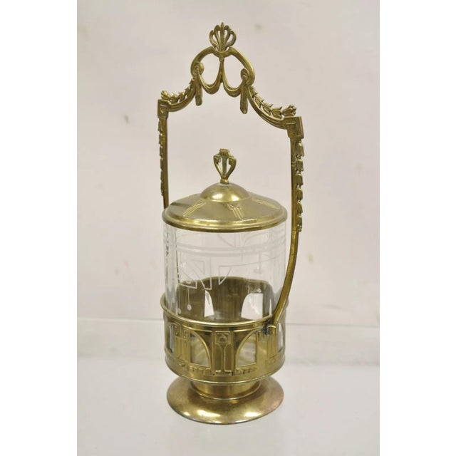 Antique German Art Nouveau Brass Metal Pickle Castor With Etched Glass Insert For Sale - Image 11 of 11